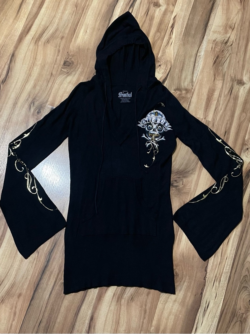 Sinful by Affliction Longline Hoodie Dress Tunic Cyber Grunge Goth Skull Size S